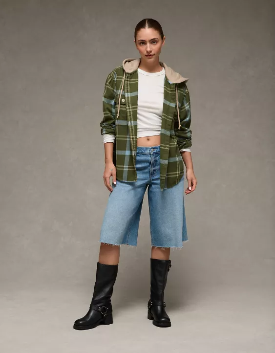 AE Plaid Hooded Button-Up Shirt - Image 5