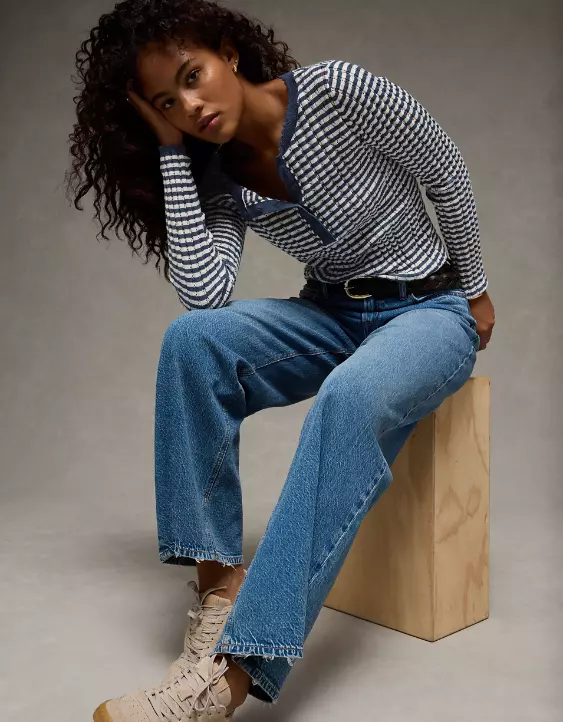 AE Pointelle Henley Sweater Top - Image 6