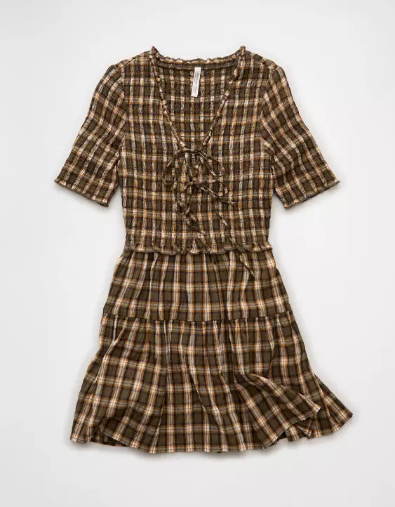 AE Puff Sleeve Tie Front Plaid Mini Dress - Image 3
