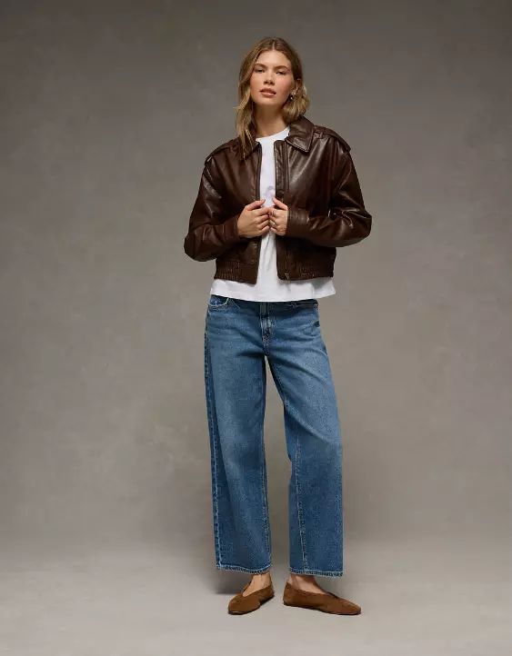 AE Cropped Faux Leather Bomber Jacket - Image 6