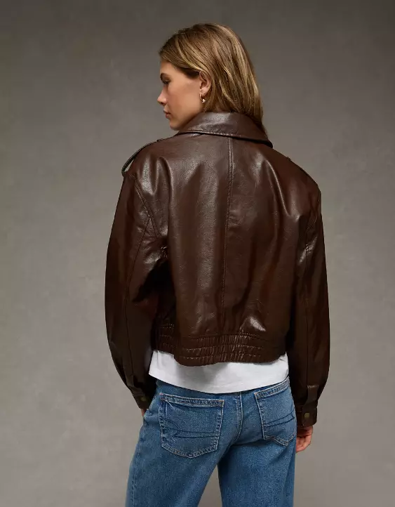 AE Cropped Faux Leather Bomber Jacket - Image 3
