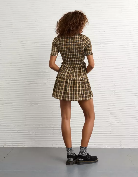 AE Puff Sleeve Tie Front Plaid Mini Dress - Image 2