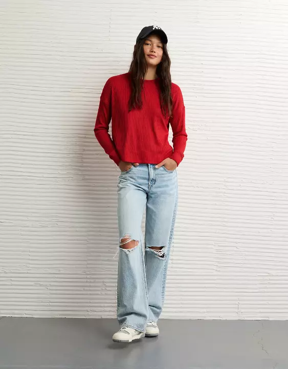 AE Long-Sleeve Waffle Plush Crew Neck Tee - Image 5